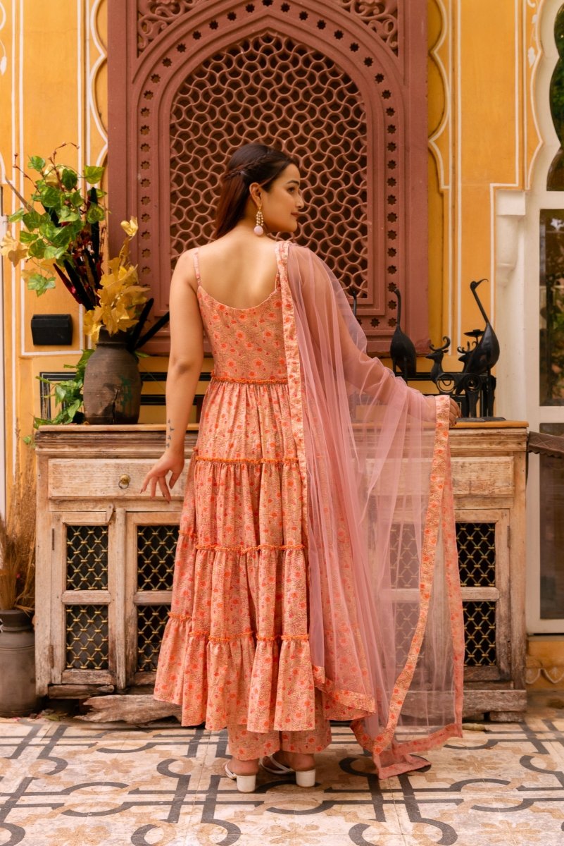 SUNHARI PEACH HAND BLOCK PRINT COTTON TIERED ANARKALI WITH SOFT NET DUPATTA - Pomcha Jaipur
