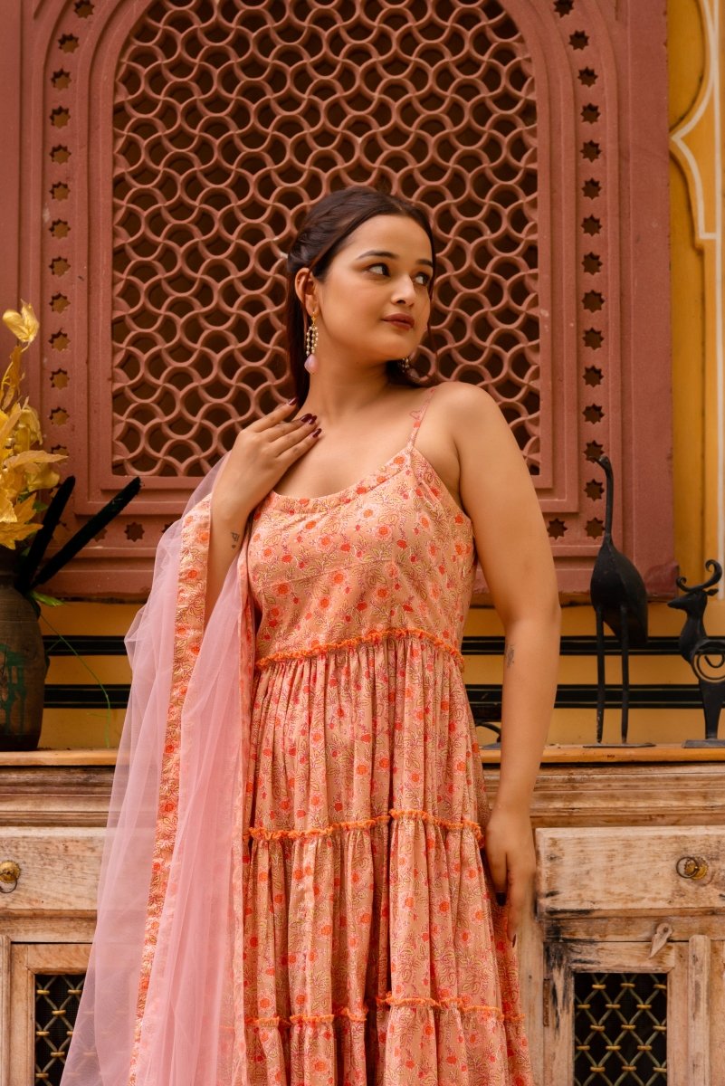 SUNHARI PEACH HAND BLOCK PRINT COTTON TIERED ANARKALI WITH SOFT NET DUPATTA - Pomcha Jaipur