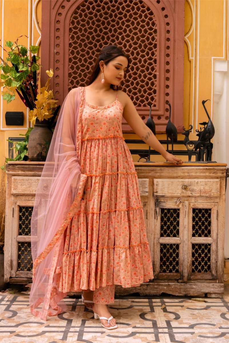 SUNHARI PEACH HAND BLOCK PRINT COTTON TIERED ANARKALI WITH SOFT NET DUPATTA - Pomcha Jaipur