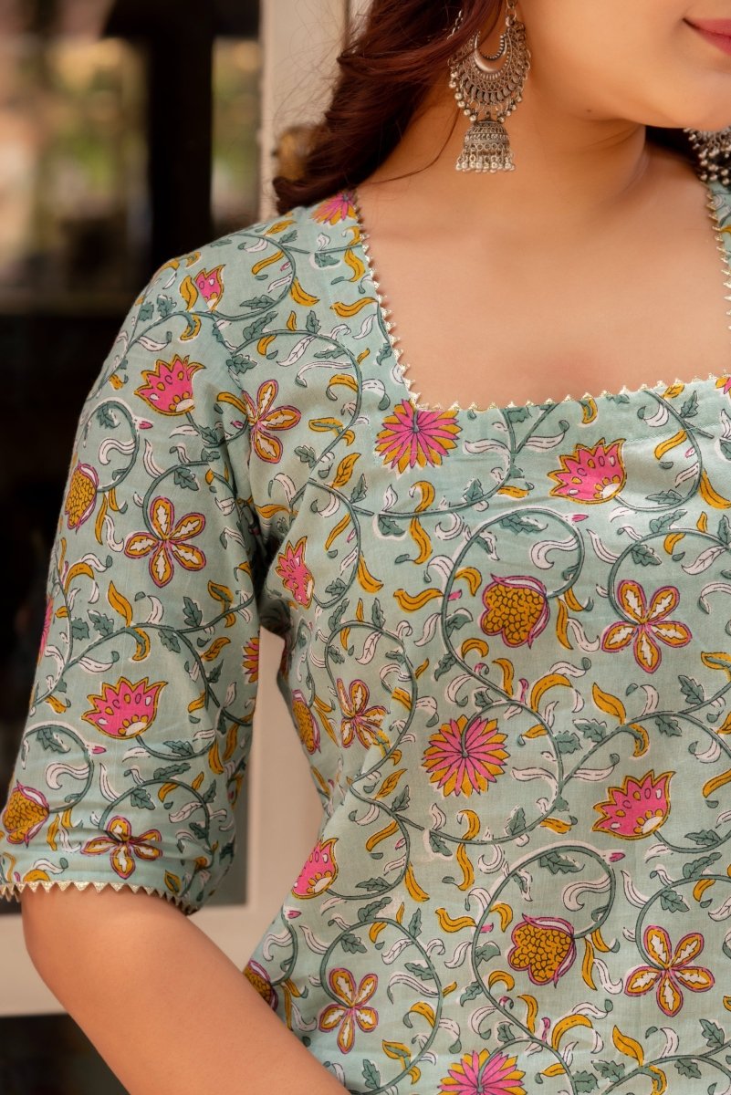 SUNHARI PISTA GREEN HAND BLOCK PRINT COTTON KURTA SET WITH SOFT NET DUPATTA - Pomcha Jaipur