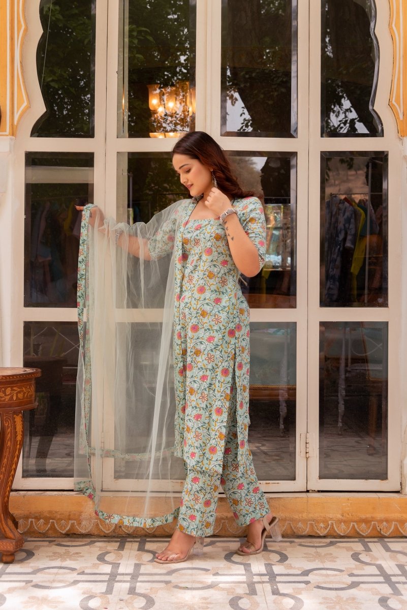 SUNHARI PISTA GREEN HAND BLOCK PRINT COTTON KURTA SET WITH SOFT NET DUPATTA - Pomcha Jaipur