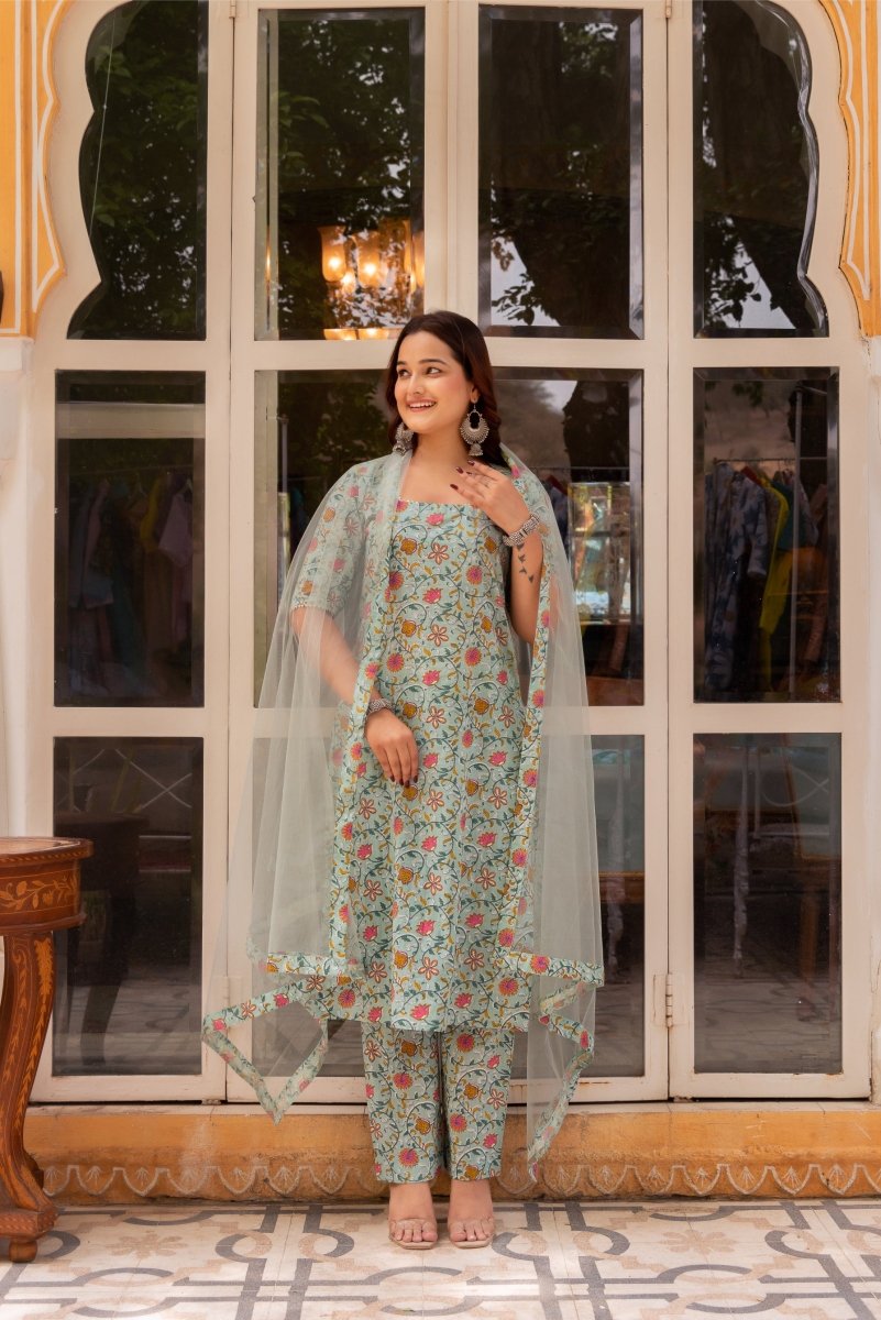 SUNHARI PISTA GREEN HAND BLOCK PRINT COTTON KURTA SET WITH SOFT NET DUPATTA - Pomcha Jaipur