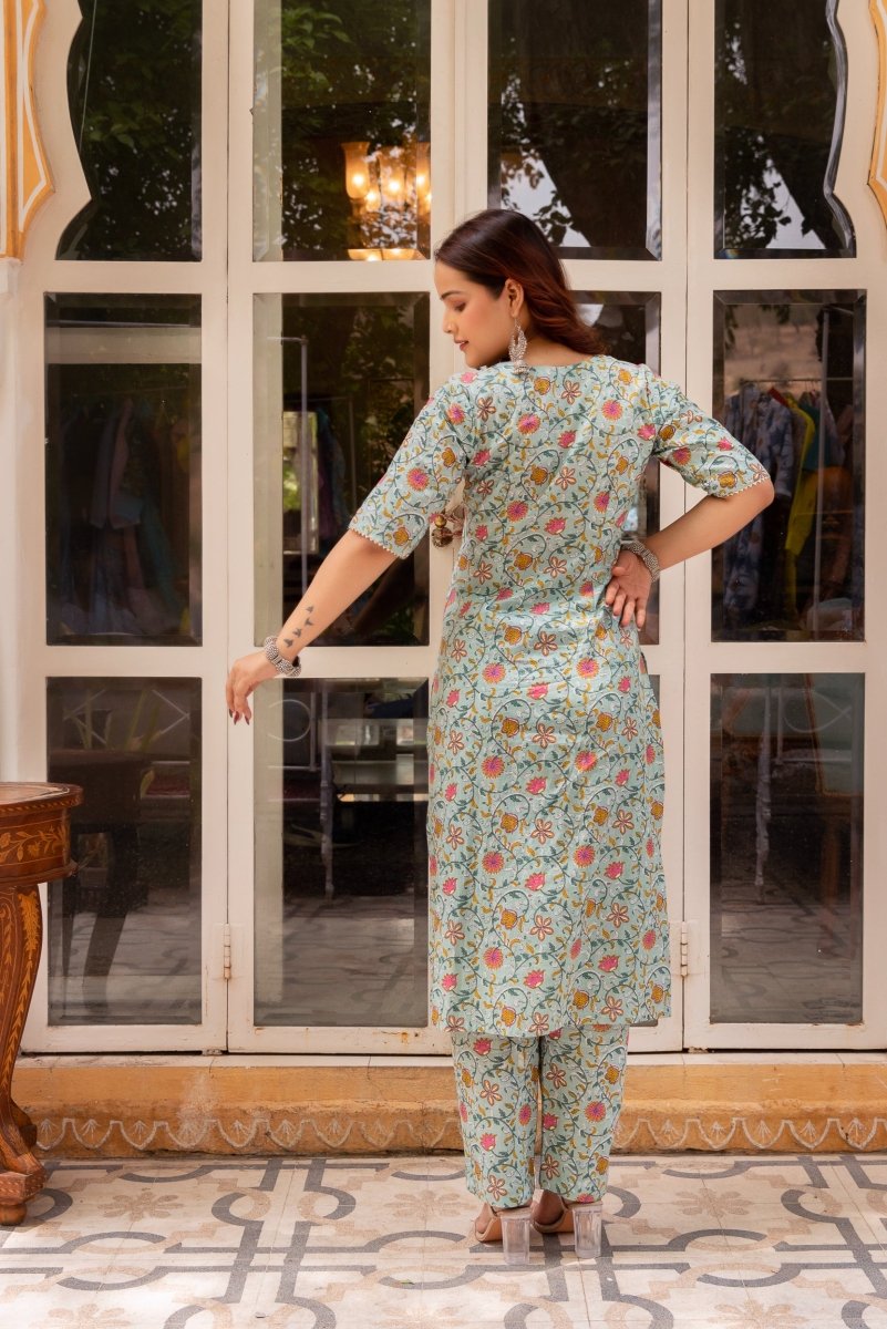 SUNHARI PISTA GREEN HAND BLOCK PRINT COTTON KURTA SET WITH SOFT NET DUPATTA - Pomcha Jaipur