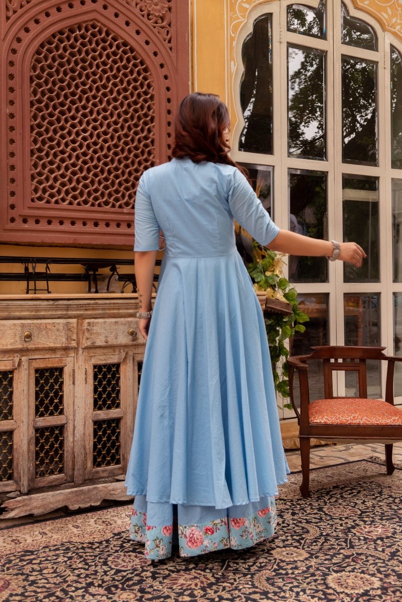 SUNHARI POWDER BLUE COTTON ANGRAKHA SET WITH COTTON SKIRT AND SOFT NET DUPATTA - Pomcha Jaipur