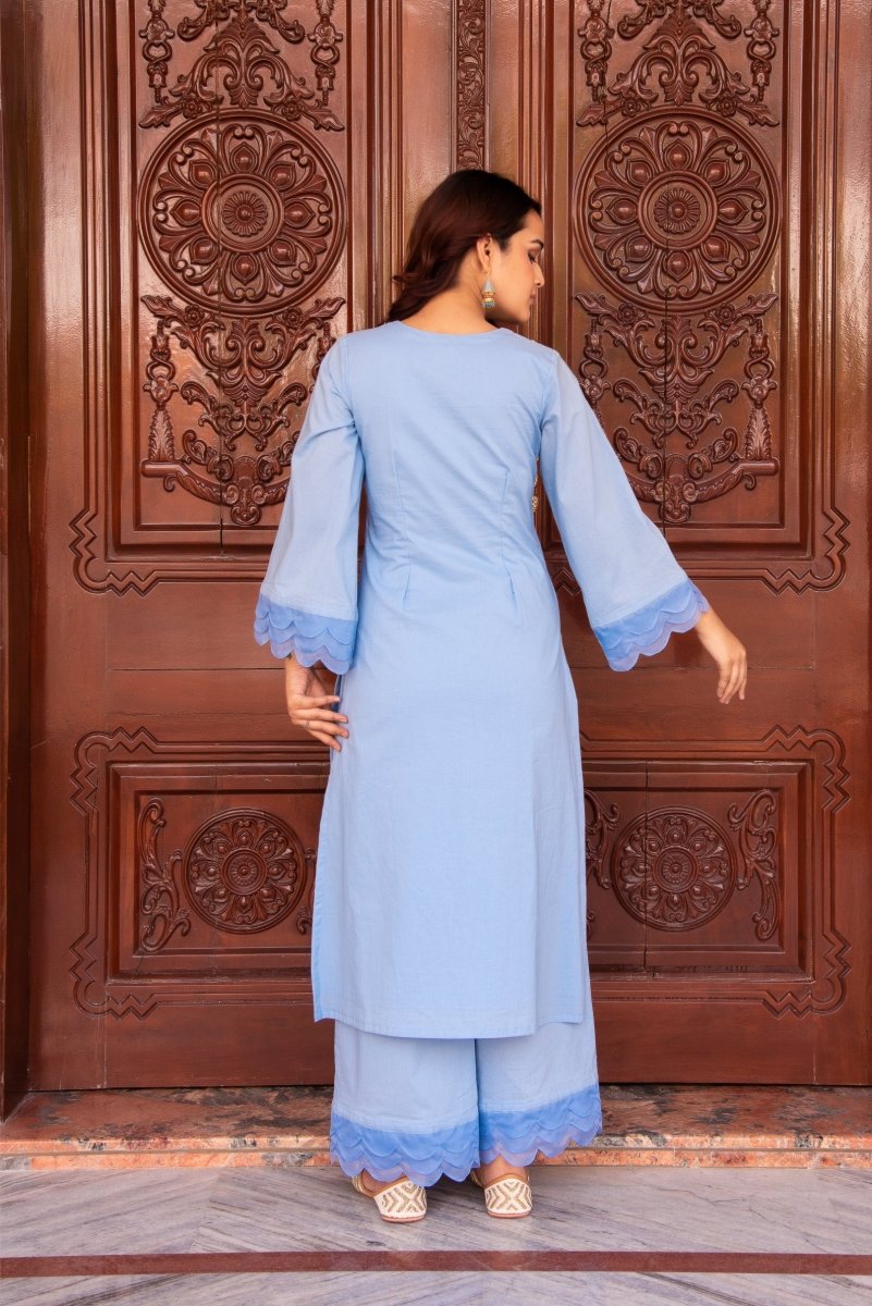 SUNHARI POWDER BLUE COTTON CO - ORD SET WITH ORGANZA EMBROIDERY SLEEVES - Pomcha Jaipur