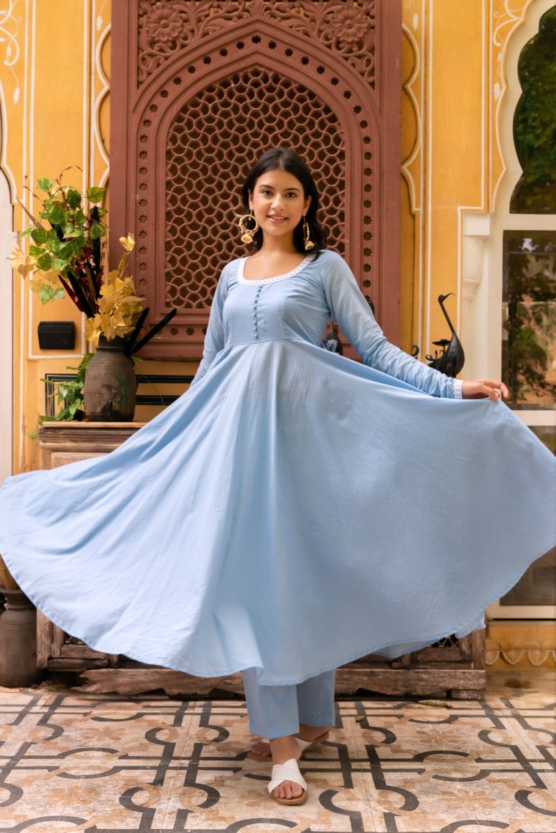 SUNHARI POWDER BLUE COTTON EMBROIDERY ANARKALI SET WITH COTTON EMBROIDERED DUPATTA - Pomcha Jaipur