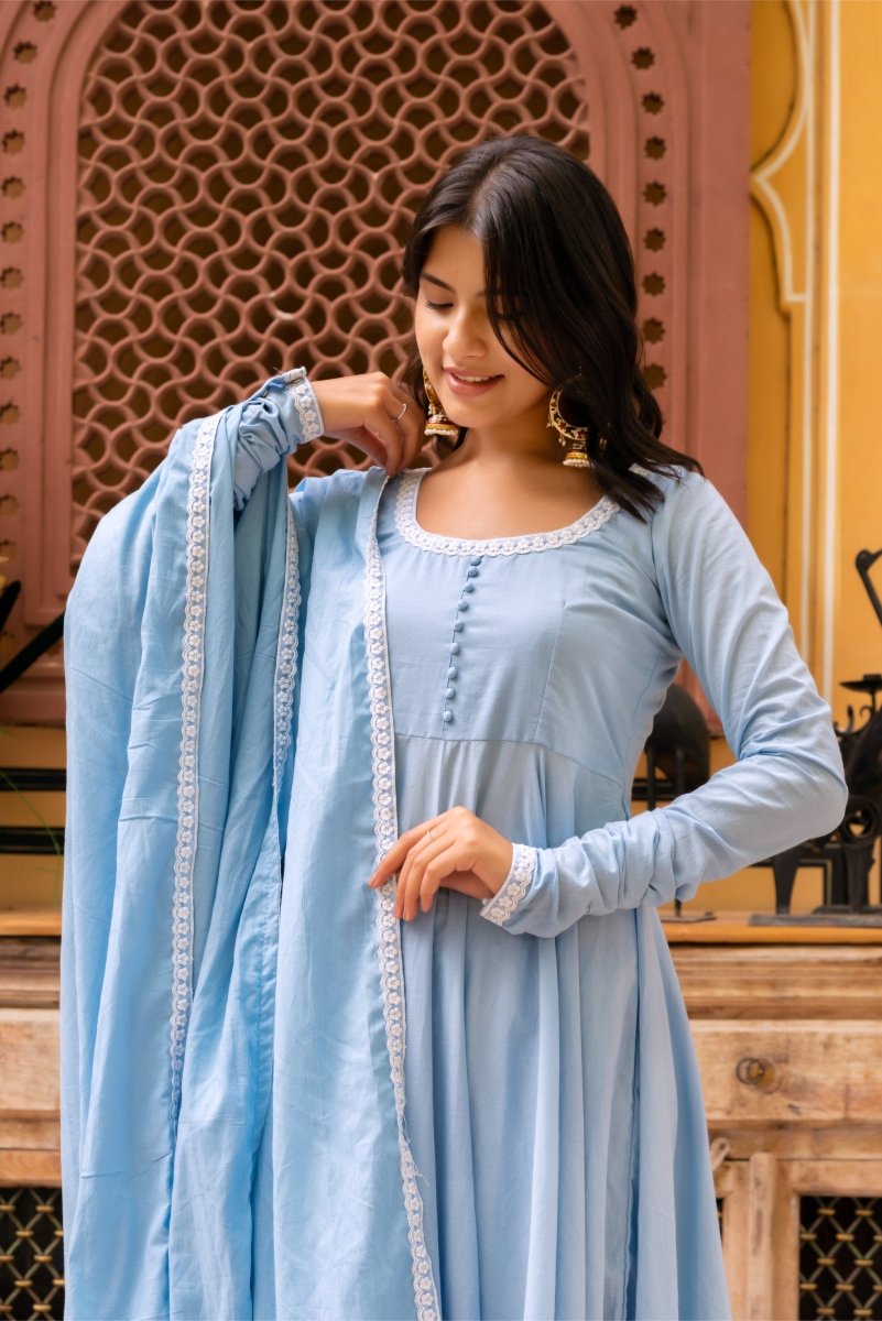 SUNHARI POWDER BLUE COTTON EMBROIDERY ANARKALI SET WITH COTTON EMBROIDERED DUPATTA - Pomcha Jaipur