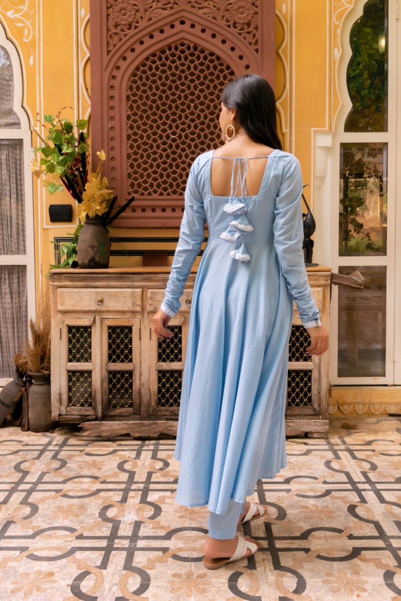 SUNHARI POWDER BLUE COTTON EMBROIDERY ANARKALI SET WITH COTTON EMBROIDERED DUPATTA - Pomcha Jaipur