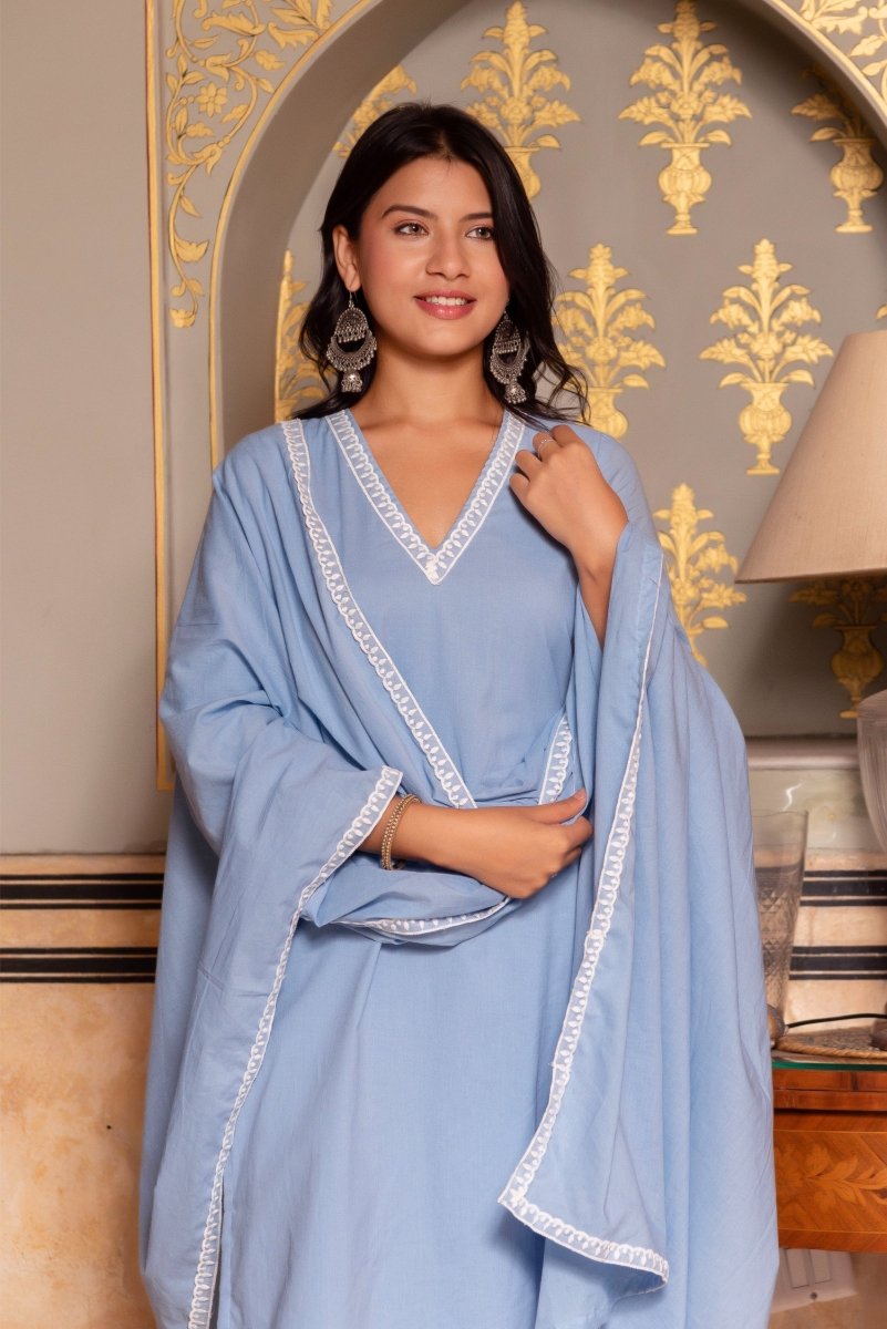 SUNHARI POWDER BLUE COTTON EMBROIDERY SUIT SET WITH COTTON DUPATTA AND PRINTED PANTS - Pomcha Jaipur