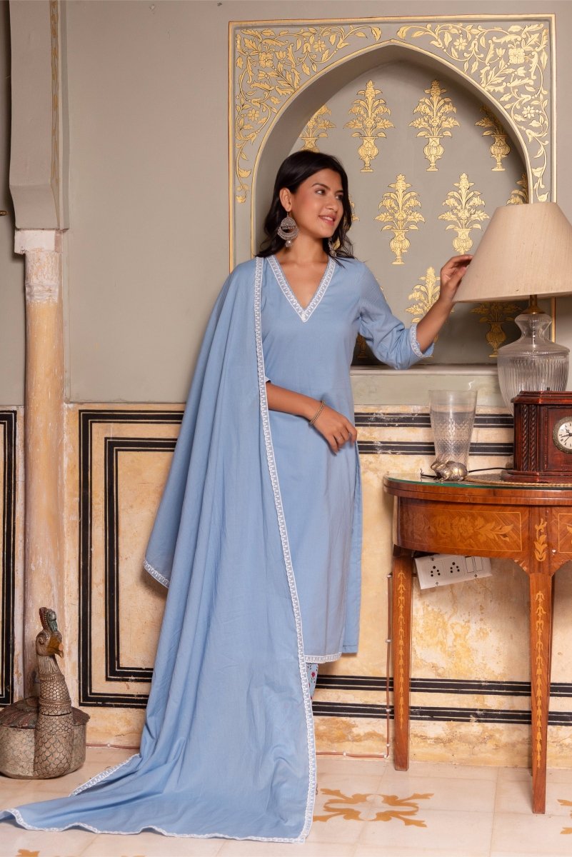 SUNHARI POWDER BLUE COTTON EMBROIDERY SUIT SET WITH COTTON DUPATTA AND PRINTED PANTS - Pomcha Jaipur