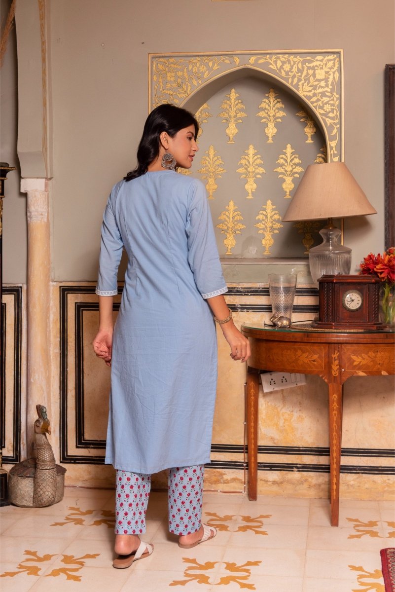 SUNHARI POWDER BLUE COTTON EMBROIDERY SUIT SET WITH COTTON DUPATTA AND PRINTED PANTS - Pomcha Jaipur