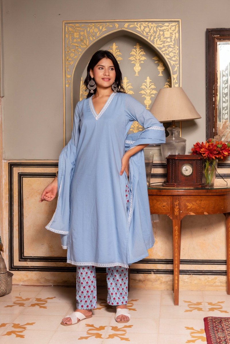 SUNHARI POWDER BLUE COTTON EMBROIDERY SUIT SET WITH COTTON DUPATTA AND PRINTED PANTS - Pomcha Jaipur