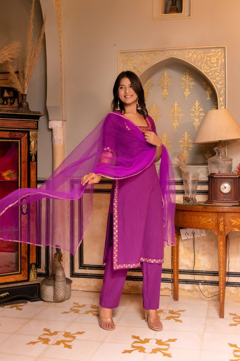 SUNHARI PURPLE COTTON EMBROIDERY SUIT SET WITH SOFT NET DUPATTA - Pomcha Jaipur