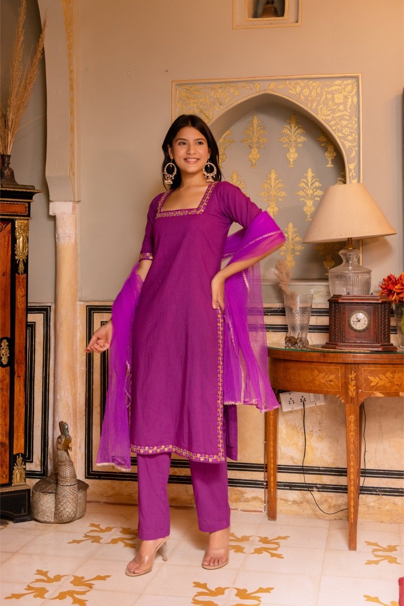 SUNHARI PURPLE COTTON EMBROIDERY SUIT SET WITH SOFT NET DUPATTA - Pomcha Jaipur