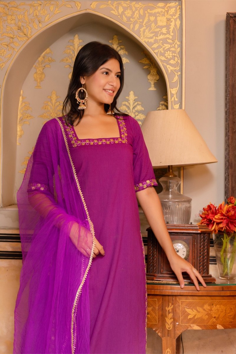 SUNHARI PURPLE COTTON EMBROIDERY SUIT SET WITH SOFT NET DUPATTA - Pomcha Jaipur