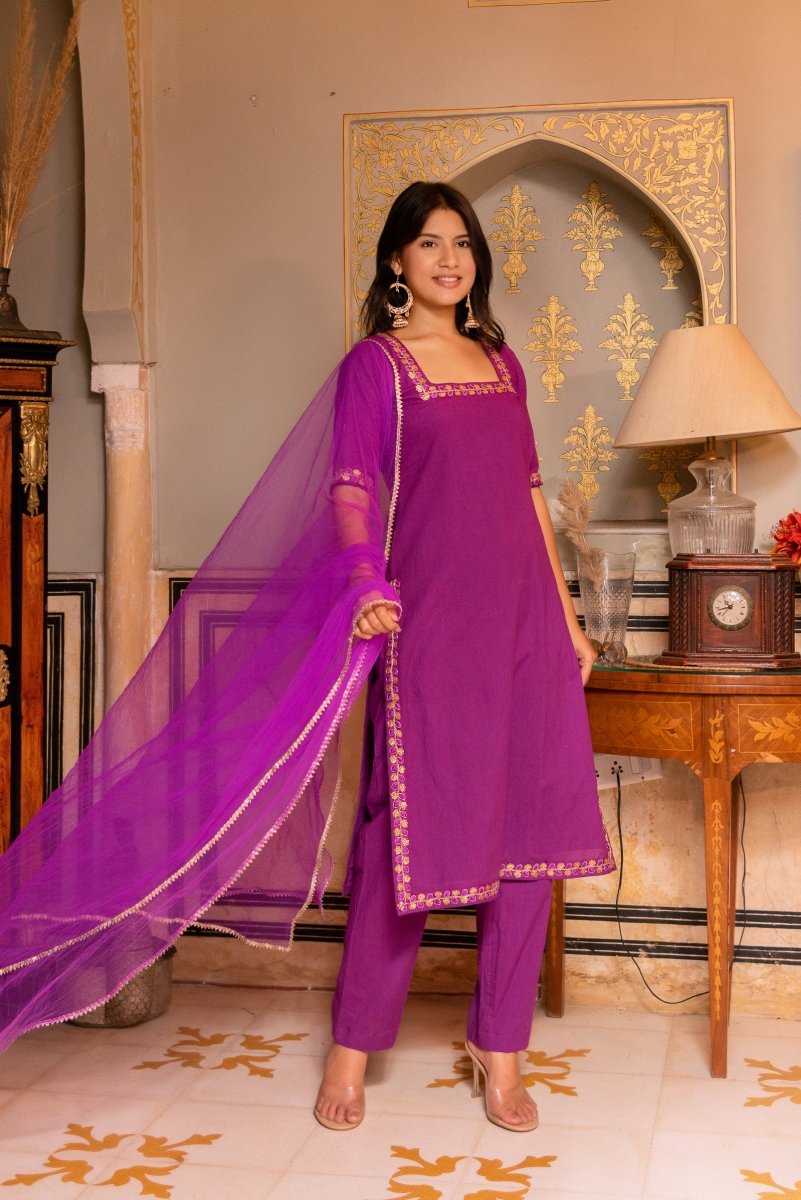 SUNHARI PURPLE COTTON EMBROIDERY SUIT SET WITH SOFT NET DUPATTA - Pomcha Jaipur