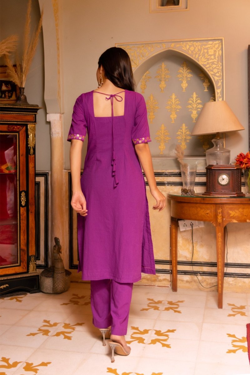 SUNHARI PURPLE COTTON EMBROIDERY SUIT SET WITH SOFT NET DUPATTA - Pomcha Jaipur