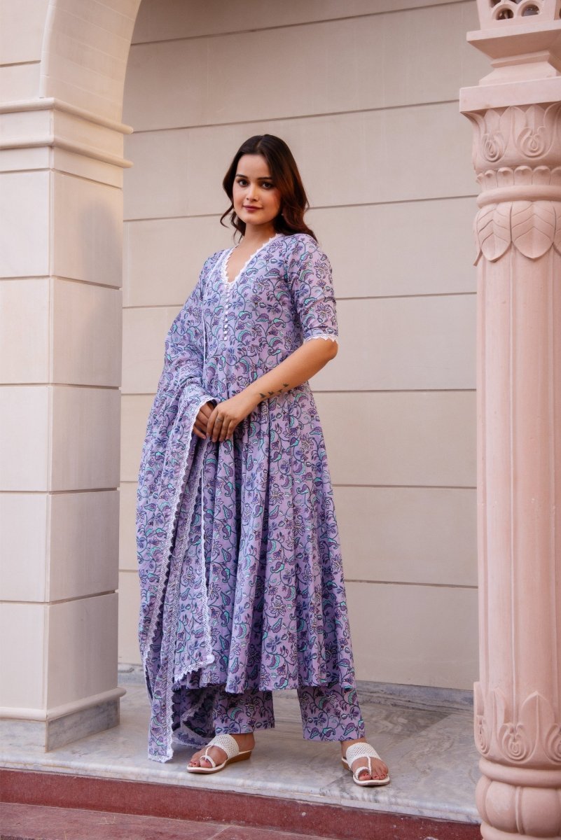 SUNHARI PURPLE COTTON HAND BLOCK PRINT ANARKALI SET WITH SOFT NET DUPATTA - Pomcha Jaipur