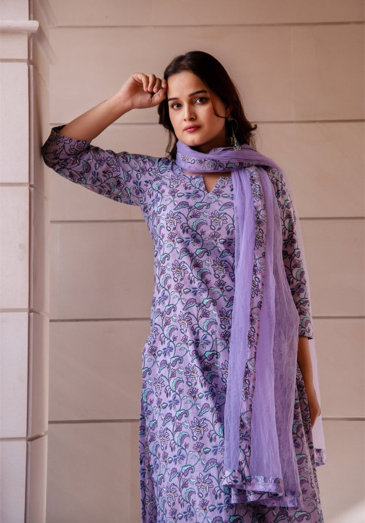 SUNHARI PURPLE HAND BLOCK PRINT COTTON SUIT SET WITH SOFT NET DUPATTA - Pomcha Jaipur