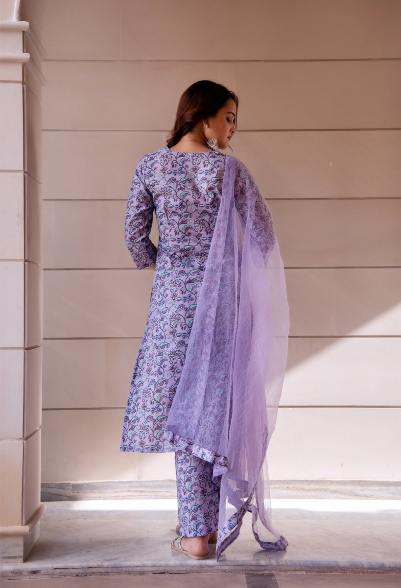 SUNHARI PURPLE HAND BLOCK PRINT COTTON SUIT SET WITH SOFT NET DUPATTA - Pomcha Jaipur