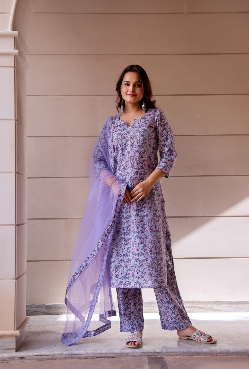 SUNHARI PURPLE HAND BLOCK PRINT COTTON SUIT SET WITH SOFT NET DUPATTA - Pomcha Jaipur