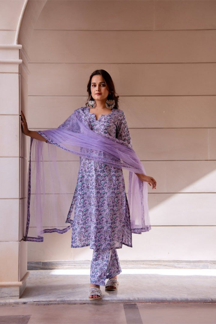 SUNHARI PURPLE HAND BLOCK PRINT COTTON SUIT SET WITH SOFT NET DUPATTA - Pomcha Jaipur
