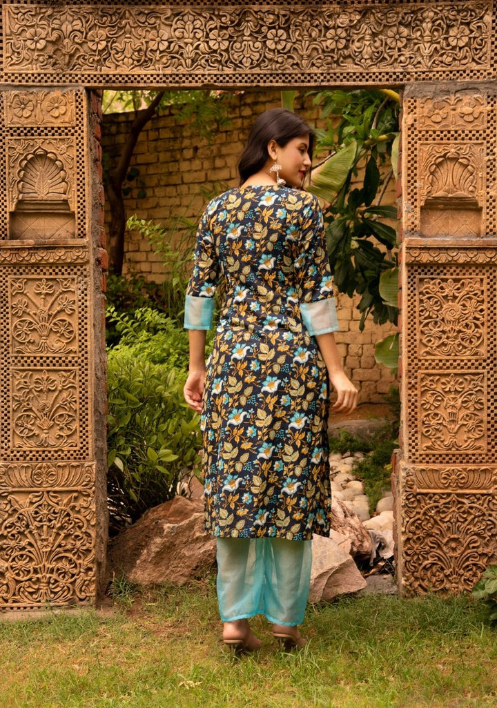 SUNHARI RAANI HAND BLOCK PRINT SUIT SET WITH ORGANZA DUAPTTA - Pomcha Jaipur