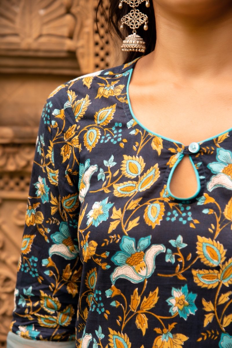 SUNHARI RAANI HAND BLOCK PRINT SUIT SET WITH ORGANZA DUAPTTA - Pomcha Jaipur