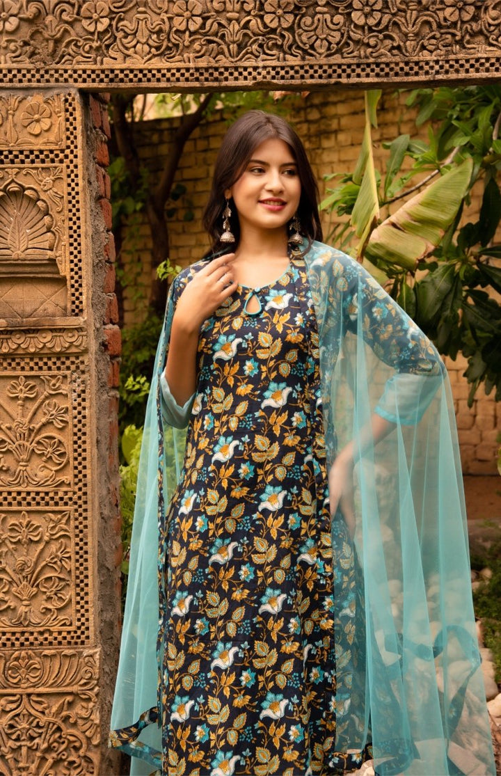 SUNHARI RAANI HAND BLOCK PRINT SUIT SET WITH ORGANZA DUAPTTA - Pomcha Jaipur