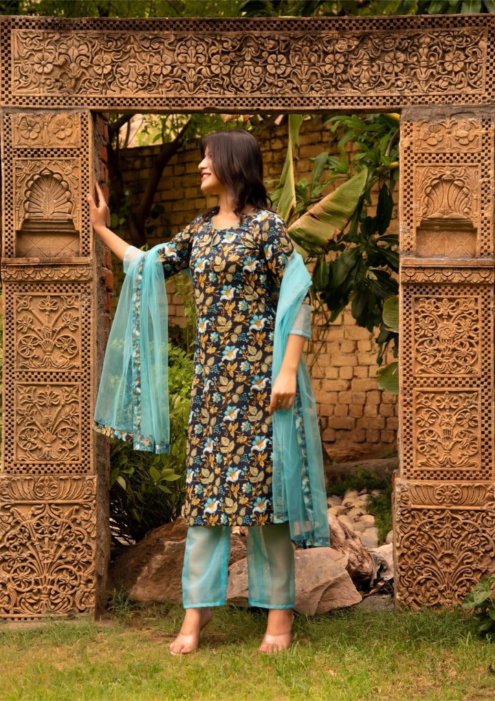 SUNHARI RAANI HAND BLOCK PRINT SUIT SET WITH ORGANZA DUAPTTA - Pomcha Jaipur