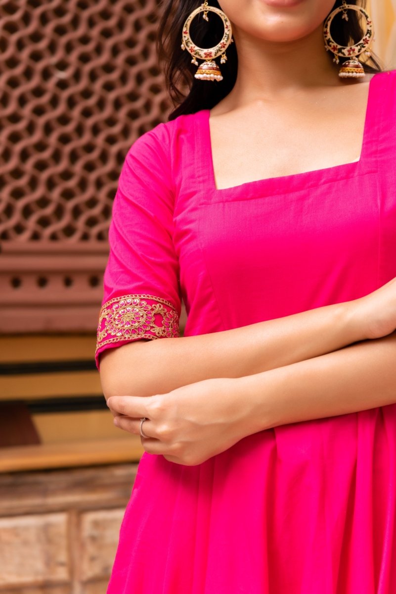 SUNHARI RAANI PINK COTTON ANARKALI WITH EMBROIDERED SOFT NET DUPATTA - Pomcha Jaipur