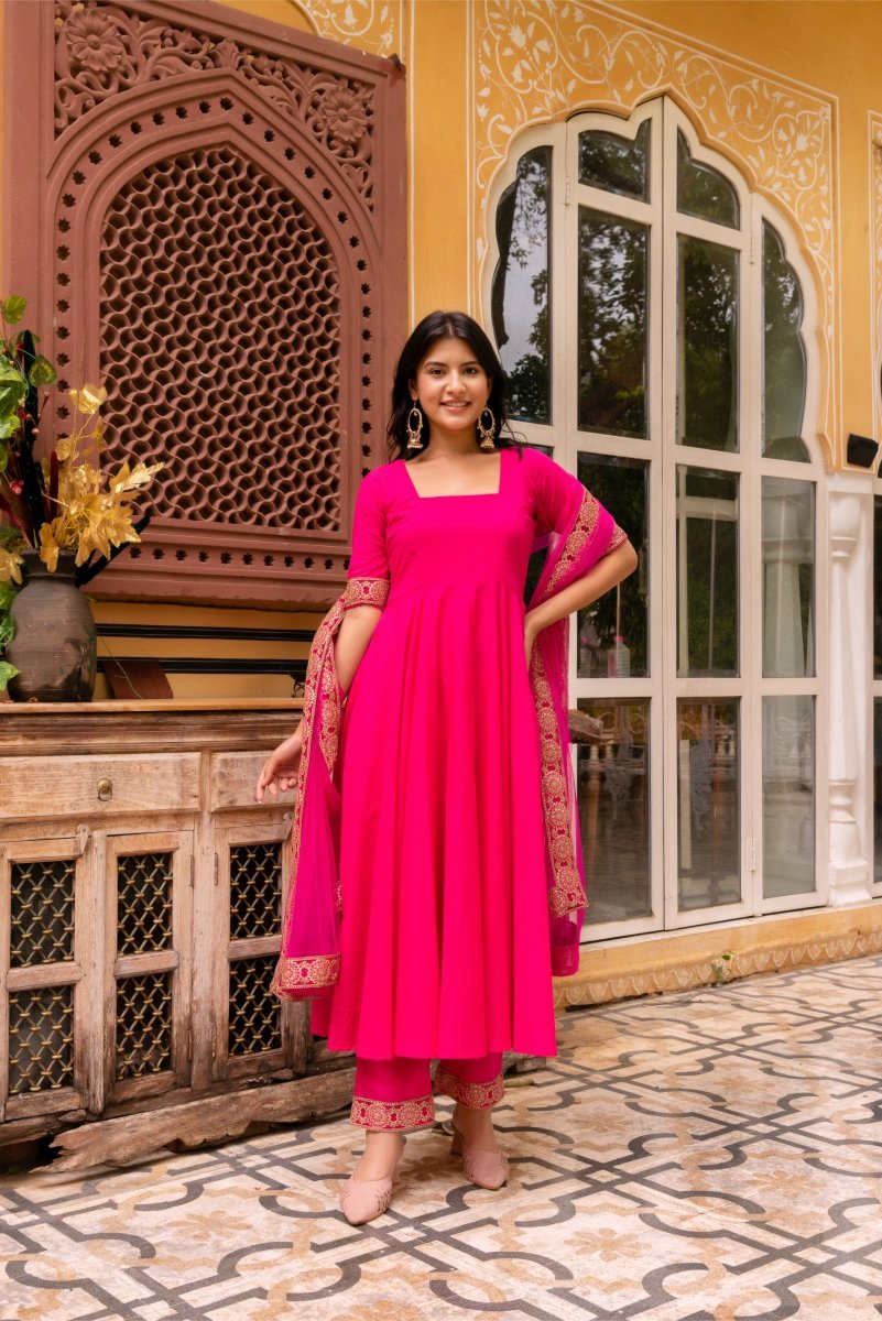 SUNHARI RAANI PINK COTTON ANARKALI WITH EMBROIDERED SOFT NET DUPATTA - Pomcha Jaipur