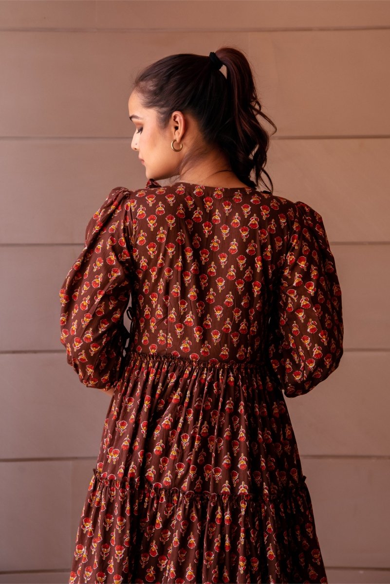 SUNHARI RED PHOOL BROWN TIERED COTTON HAND BLOCK LONG DRESS - Pomcha Jaipur