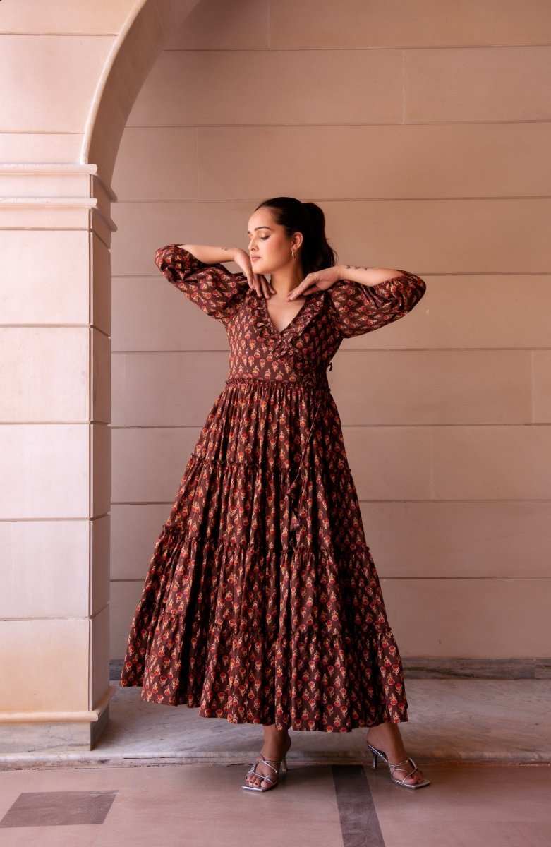 SUNHARI RED PHOOL BROWN TIERED COTTON HAND BLOCK LONG DRESS - Pomcha Jaipur