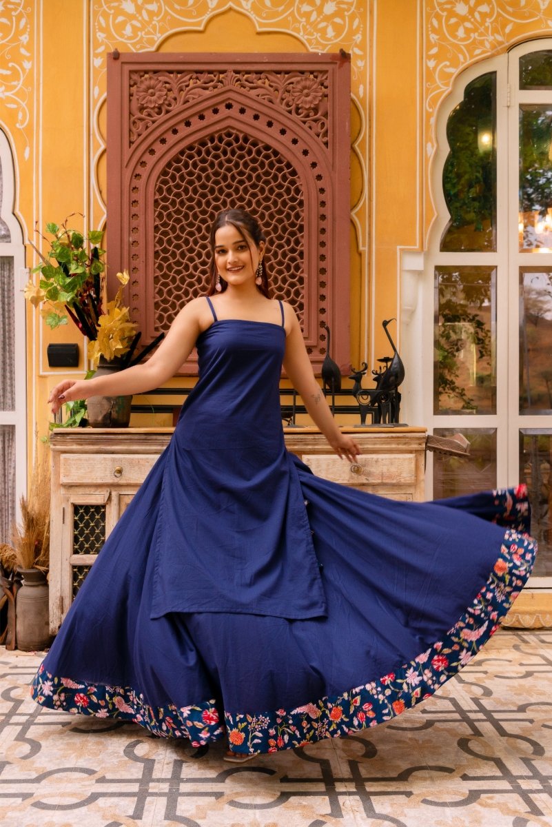 SUNHARI ROYAL BLUE COTTON KURTA SKIRT SET WITH SOFT NET DUPATTA - Pomcha Jaipur