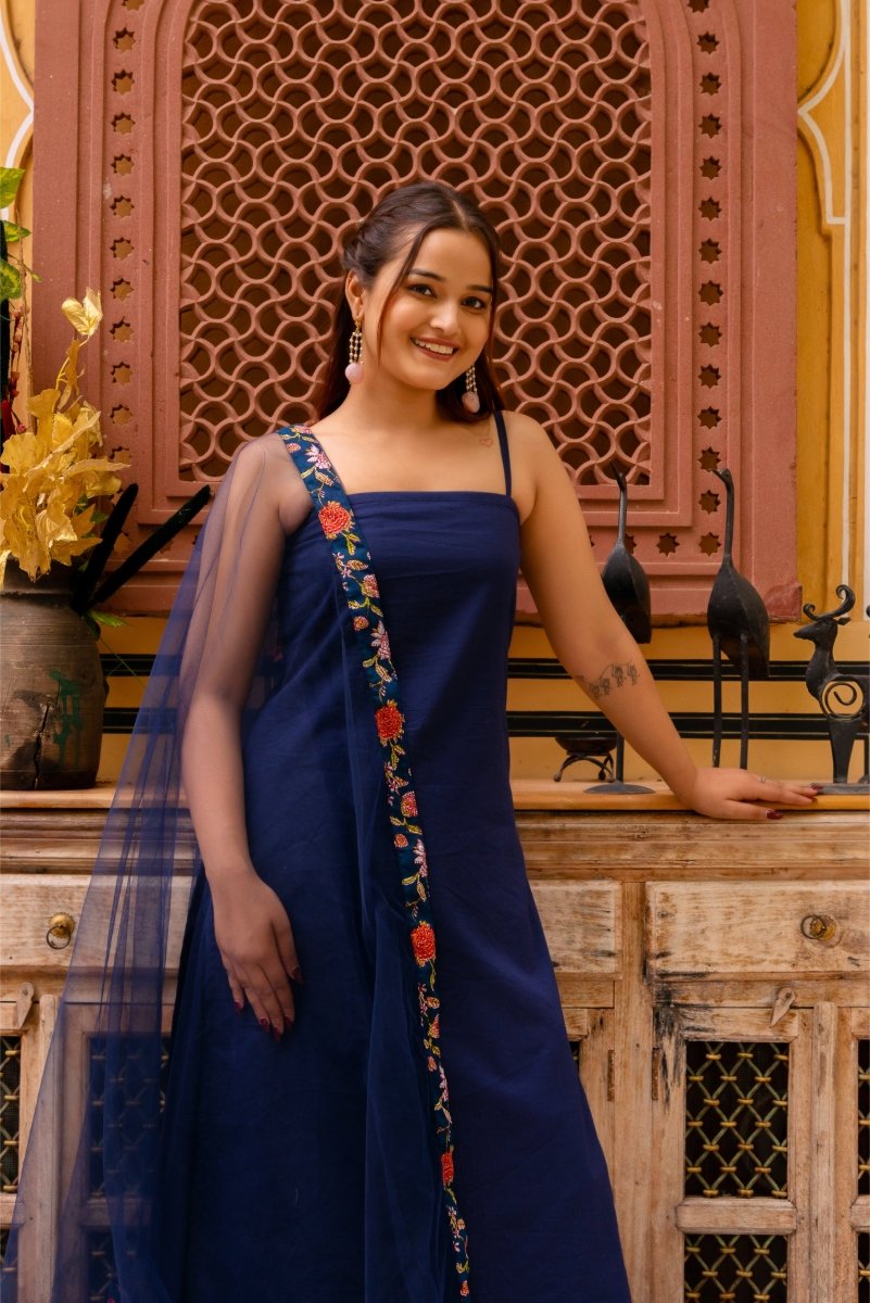 SUNHARI ROYAL BLUE COTTON KURTA SKIRT SET WITH SOFT NET DUPATTA - Pomcha Jaipur