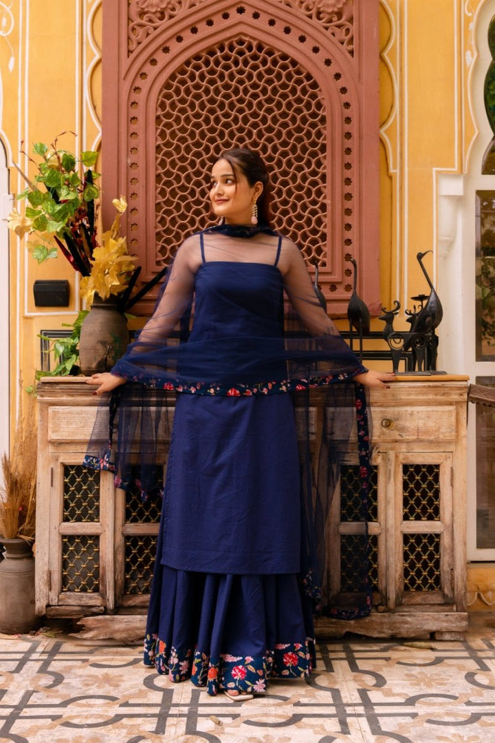SUNHARI ROYAL BLUE COTTON KURTA SKIRT SET WITH SOFT NET DUPATTA - Pomcha Jaipur