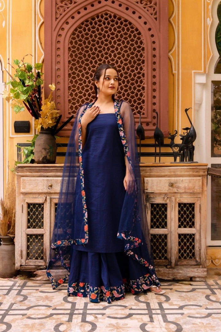 SUNHARI ROYAL BLUE COTTON KURTA SKIRT SET WITH SOFT NET DUPATTA - Pomcha Jaipur