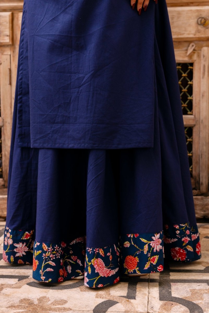 SUNHARI ROYAL BLUE COTTON KURTA SKIRT SET WITH SOFT NET DUPATTA - Pomcha Jaipur