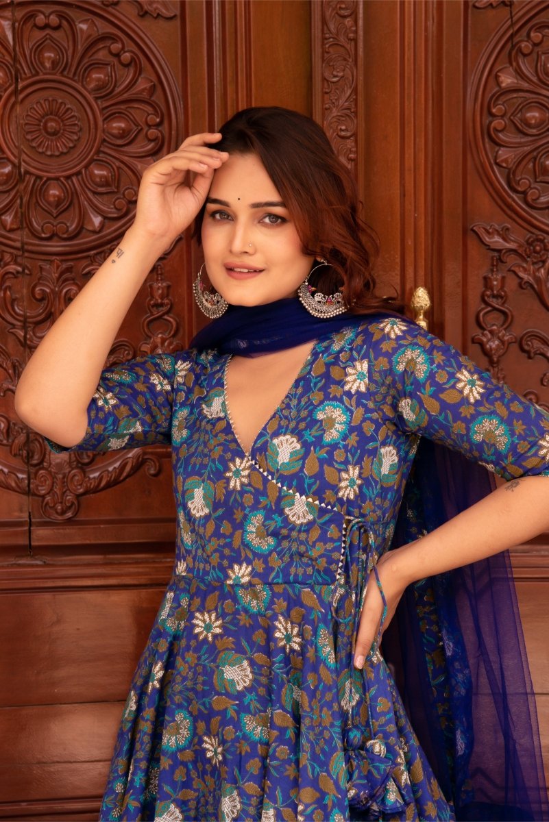 SUNHARI ROYAL BLUE HAND BLOCK COTTON ANGRAKHA SET WITH SOFT NET DUPATTA - Pomcha Jaipur