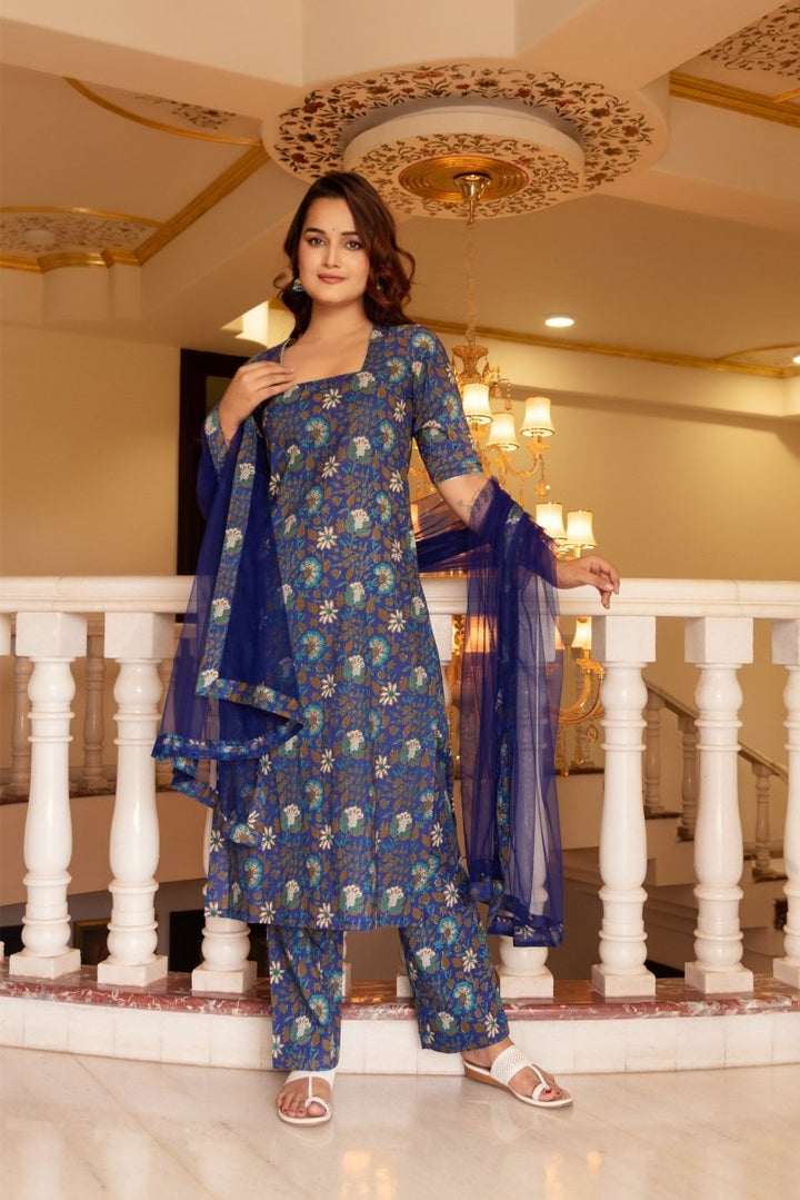 SUNHARI ROYAL BLUE HAND BLOCK COTTON SUIT SET WITH SOFT NET DUPATTA - Pomcha Jaipur