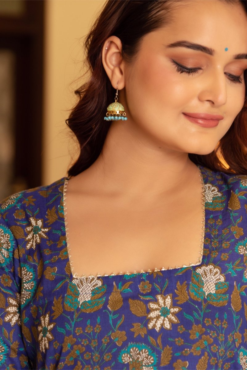 SUNHARI ROYAL BLUE HAND BLOCK COTTON SUIT SET WITH SOFT NET DUPATTA - Pomcha Jaipur