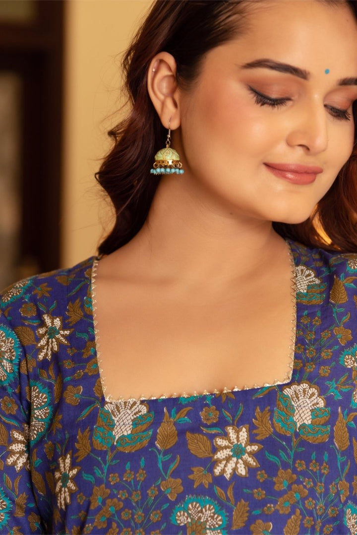 SUNHARI ROYAL BLUE HAND BLOCK COTTON SUIT SET WITH SOFT NET DUPATTA - Pomcha Jaipur