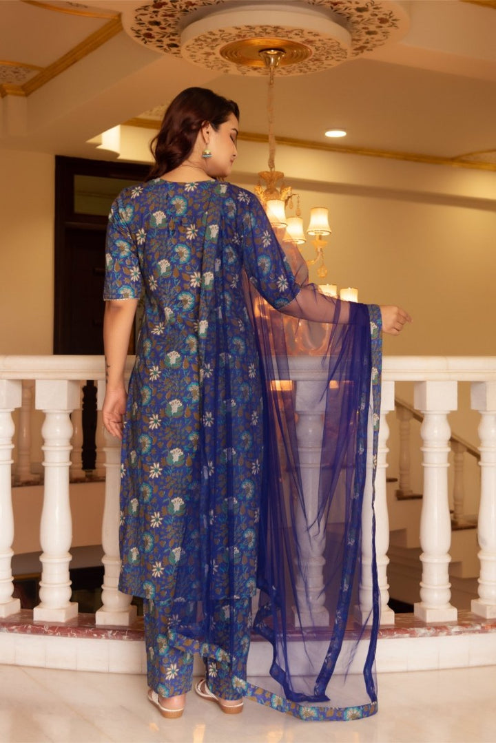 SUNHARI ROYAL BLUE HAND BLOCK COTTON SUIT SET WITH SOFT NET DUPATTA - Pomcha Jaipur