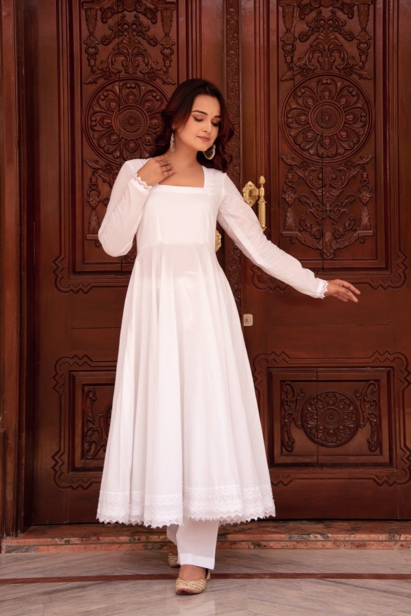 White Full Sleeve Anarkali Dress SUNHARI RUHANI LACE WHITE COTTON FULL  SLEEVE ANARKALI SET WITH COTTON