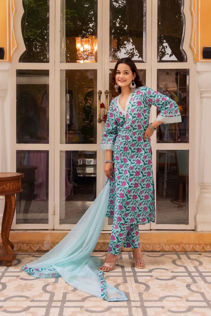 SUNHARI SKY BLUE HAND BLOCK PRINT COTTON SUIT SET WITH SOFT NET DUPATTA - Pomcha Jaipur