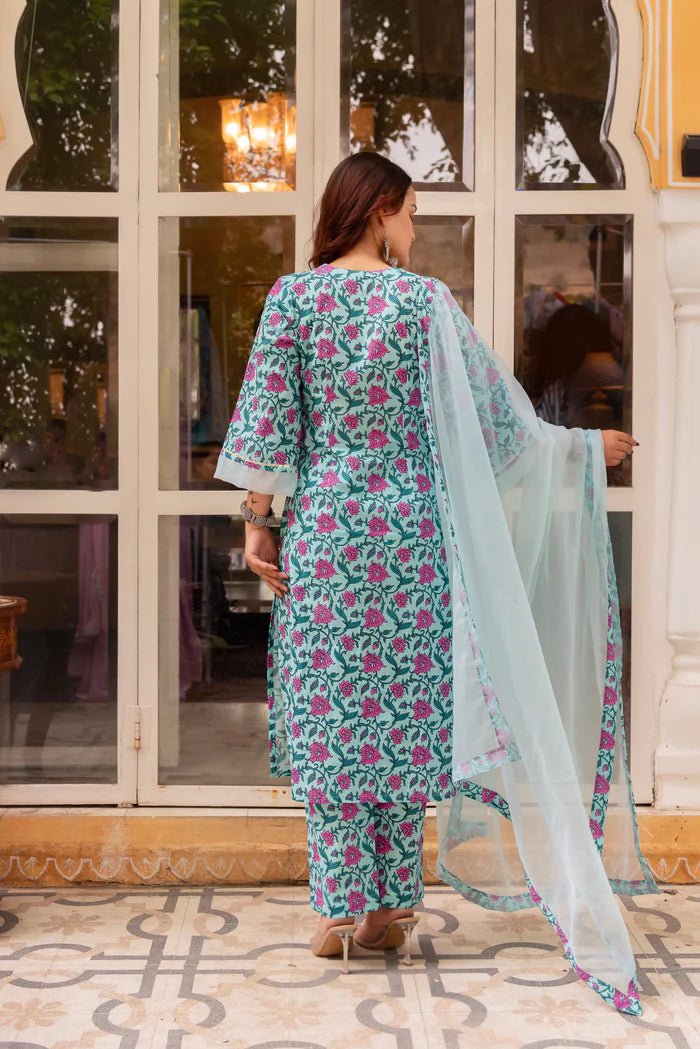 SUNHARI SKY BLUE HAND BLOCK PRINT COTTON SUIT SET WITH SOFT NET DUPATTA - Pomcha Jaipur
