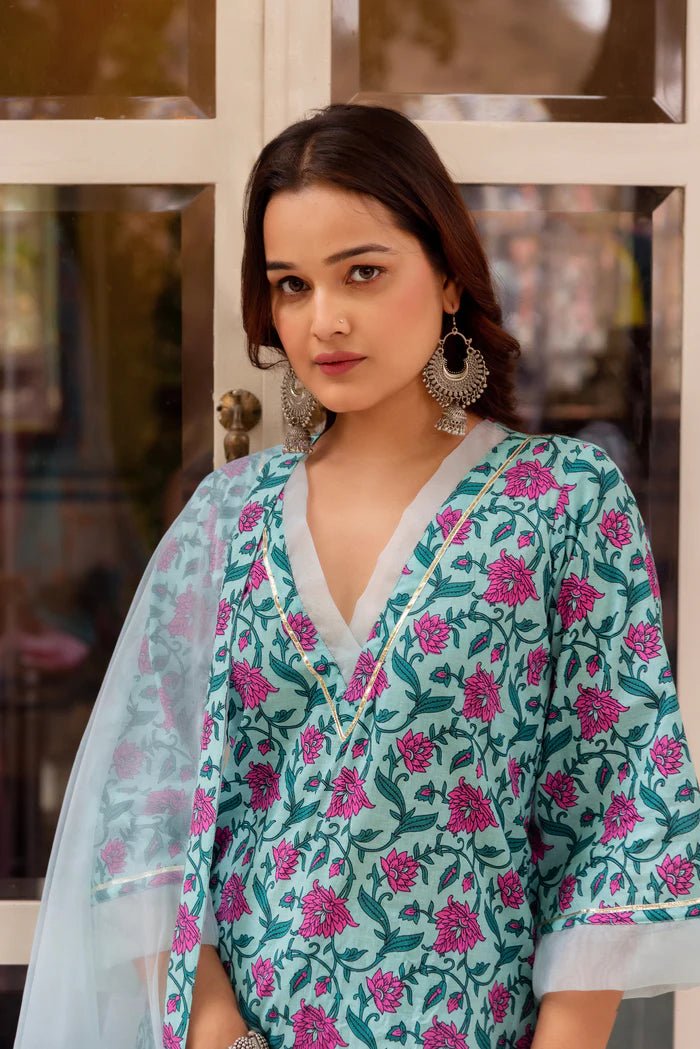 SUNHARI SKY BLUE HAND BLOCK PRINT COTTON SUIT SET WITH SOFT NET DUPATTA - Pomcha Jaipur