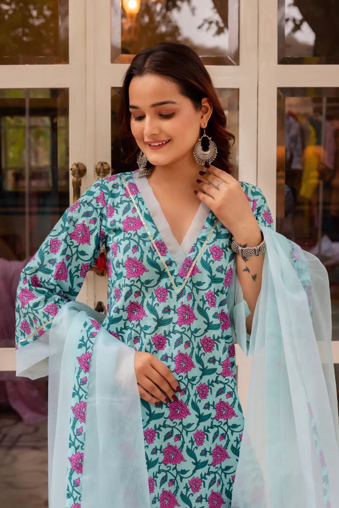 SUNHARI SKY BLUE HAND BLOCK PRINT COTTON SUIT SET WITH SOFT NET DUPATTA - Pomcha Jaipur