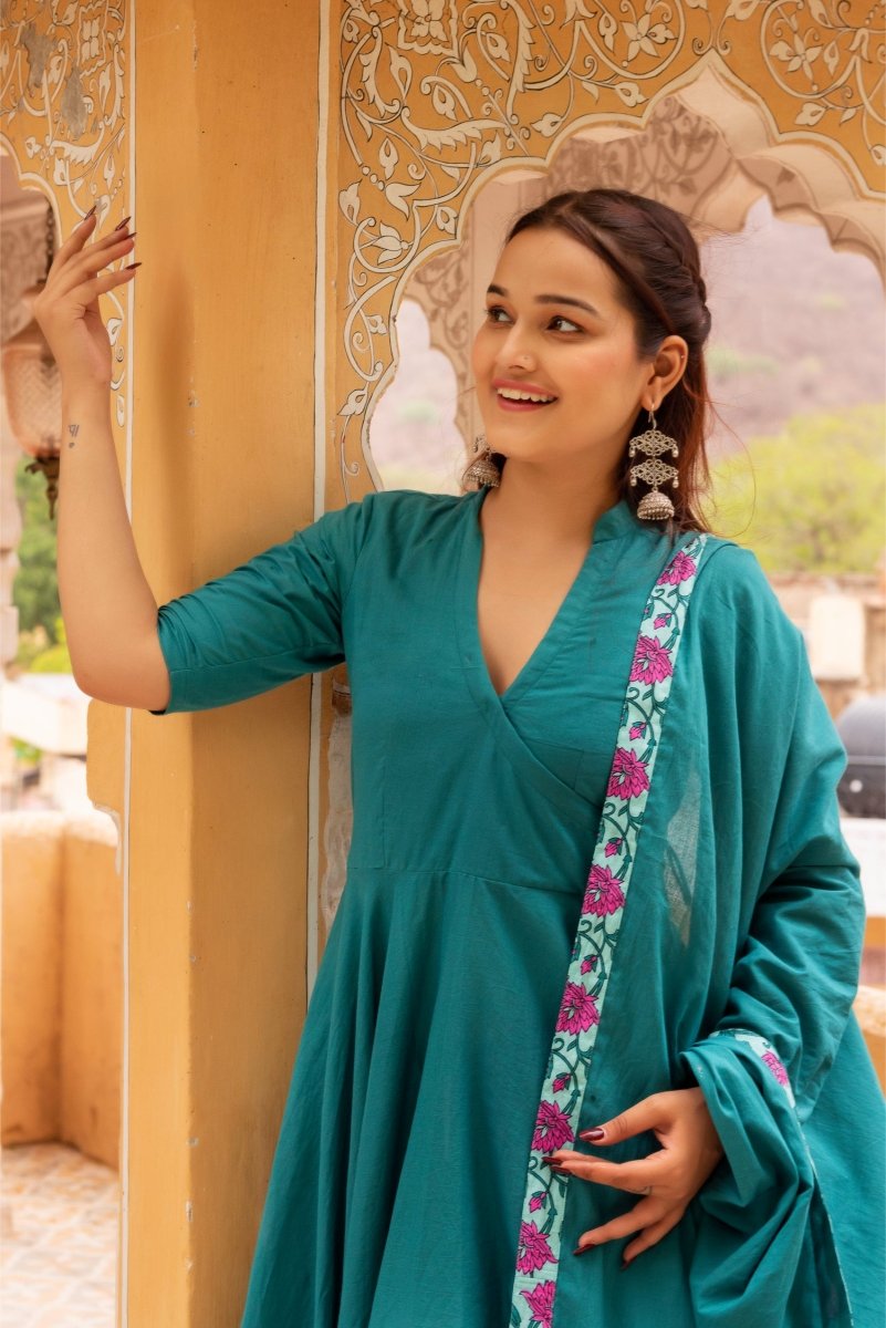 SUNHARI TEAL GREEN COTTON ANGRAKHA WITH COTTON SKIRT AND DUPATTA SET - Pomcha Jaipur